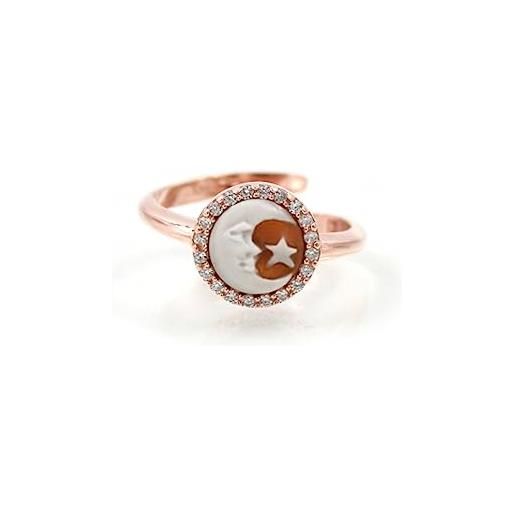 gioiellitaly anello regolabile argento 925 ramato con cammeo tondo 8mm inciso a mano luna giro di zirconi bianchi gioiello artigianale