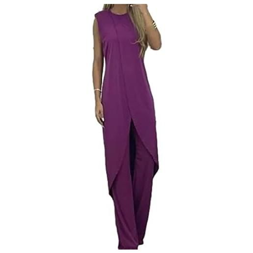 SARAYO 7 colors jersey mature women suit, women's sleeveless slit hem shirt wide-leg pants two-piece set, plain lace elegan suits (l, dark purple)