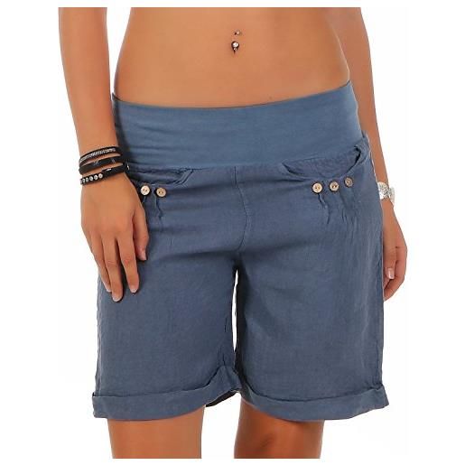 malito more than fashion malito pantaloncini da tessuto di lino con elastic cintura dei pantaloni 6822 donna (xl, blu)