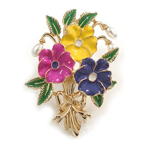 Avalaya spilla floreale con perle smaltate multicolore, color oro, altezza 50 mm, misura unica, smalto