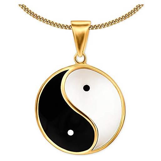 CLEVER SCHMUCK collana oro grande yin yang ciondolo ø 23 mm nero laccato bianco catena 45 cm argento 925 placcato oro con custodia bianca, metallo