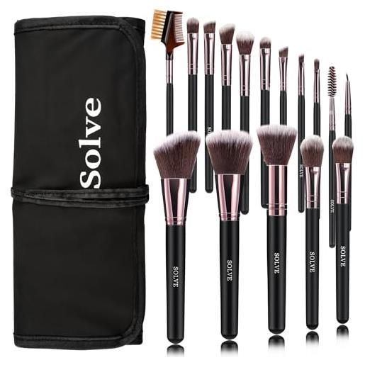 SOLVE makeup brushes 16 pcs premium synthetic foundation blending blush concealer eye shadow makeup brush set，leather trav. . . 