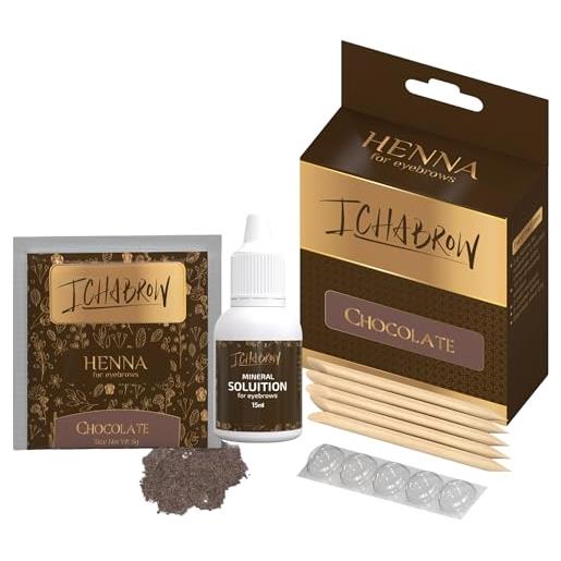 Ichabrow kit di henné per sopracciglia, henné naturale a base di erbe, tintura per sopracciglia naturale, peso 5g , 15ml soluzione minerale (cioccolato)