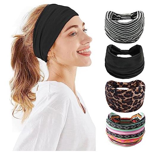 GWAWG 4 pezzi fasce per capelli donna larga fascia elastici elastico morbido boho ampia fascia fiore leopardo nero per lavoro quotidiano yoga