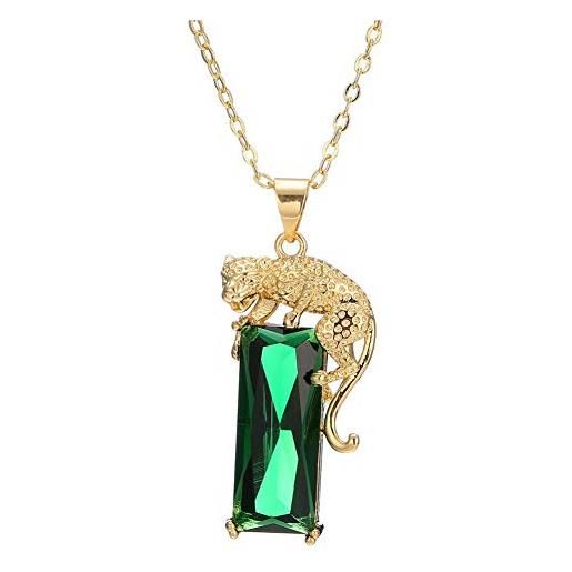ZBOMR collana con ciondolo leopardo in cristallo verde placcato in oro 14 k punk hip-hop da donna da uomo creato da gioielli con collana leopardo smeraldo (gold)