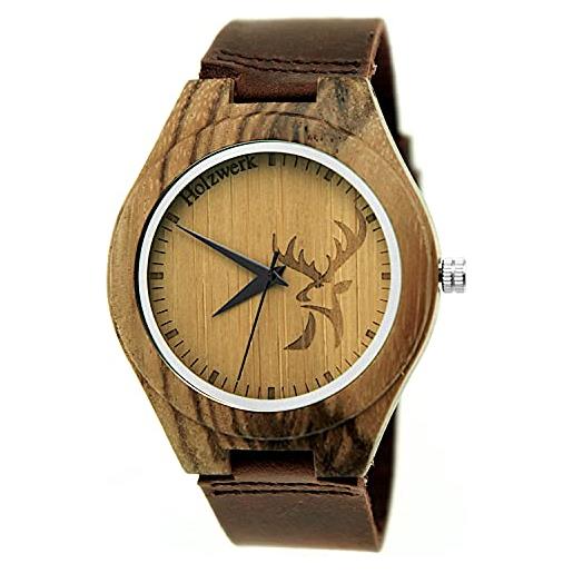 Puretime holzwerk germany® orologio da polso unisex, realizzato a mano, in legno naturale, ecologico, analogico, classico, al quarzo, in nero con motivo cervo