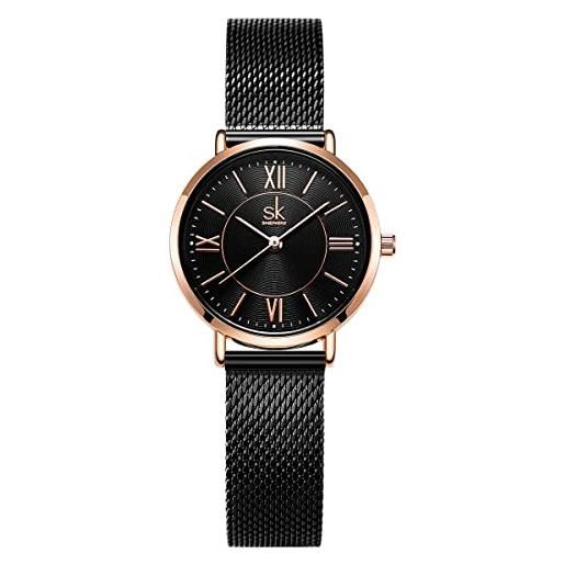Alienwork orologio donna oro rosa cinturino in maglia metallo nero ultra-sottile elegante