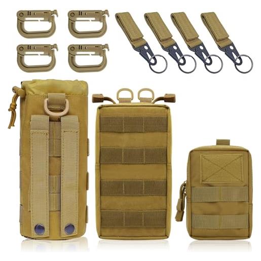FONWUJIOT 3 pack molle borsa, compact tactical molle pouch, edc pack, tasche tattiche sull'anca, con 4 ganci e portachiavi per escursioni allenamento outdoor caccia campeggio allenamento (kaki)