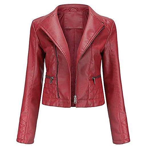 Lazutom - giacche da donna in pelle pu, con cerniera, per motociclista, rosso, 46