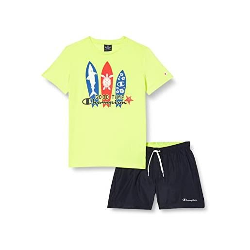 Champion legacy back to the beach ns s/s t-shirt & beachshorts completo, (giallo fluorescente/blu marino), 15-16 anni bambini e ragazzi