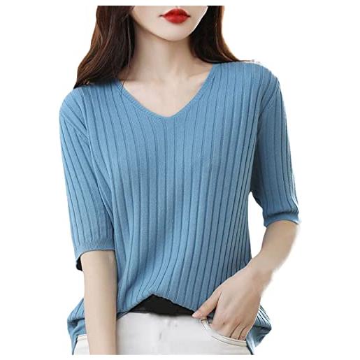 Sweejim primavera estate donna scollo a v manica corta cashmere maglione maglione pullover, azzurro, l