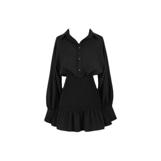 Generic abito camicia da donna gotico nero stile francese abito retrò vintage manica lunga casual chic elegante tunica a vita alta vestito estivo-nero-m