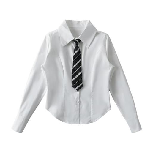 Generic camicia a maniche lunghe con cravatta polo stile college top snellente in vita primaverile da donna-bianco-l
