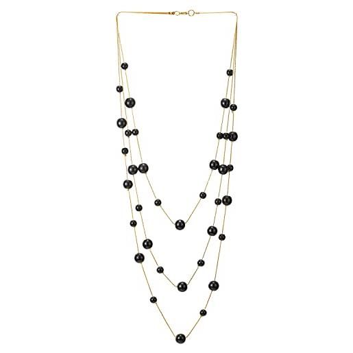COOLSTEELANDBEYOND oro bianco statement dichiarazione collana tre filoni lunga catena con nero perla perline pendente