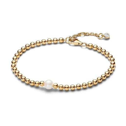 Pandora timeless bracciale con perline placcato in oro 14k con perla coltivata d'acqua dolce trattata bianca e zirconi cubici trasparenti, 18