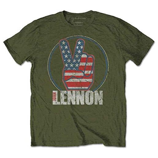 John Lennon peace fingers us flag t-shirt, verde (military green military green), medium uomo