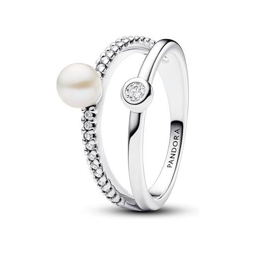Pandora timeless anello, in argento sterling con perla coltivata d'acqua dolce trattata bianca e zirconia cubica trasparente, 56