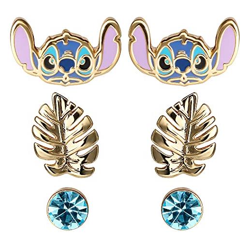 Disney orecchini stitch Disney per ragazze, set da 3 pezzi, orecchini a bottone a 3 punti placcati in oro per bambine - gioielli stitch con licenza ufficiale