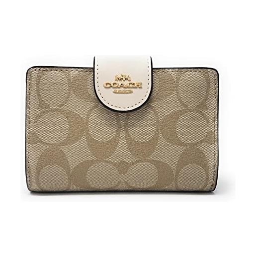 COACH portafoglio da donna medio con zip ad angolo in tela firmata, oro/khaki/gesso, portafoglio