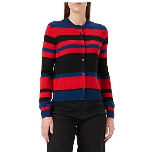 Love Moschino multicolor striped wool blend, 12 gauge, with seasonal heart and institutional logo intarsia. Cardigan, black blue red, 38 da donna