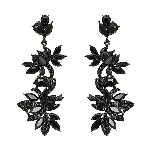 EVER FAITH orecchini in stile art deco vintage, orecchini pendenti in piombo floreale con cristalli di strass e smalto nero