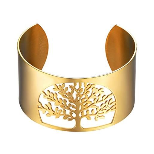 PROSTEEL donna/uomo bracciale aperto regolabile con incisione albero della vita, largo 40 mm, placcato oro 18k, oro, regalo natele (con confezione)
