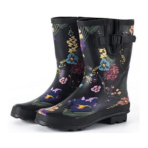 GUGUMIMI stivali di gomma da donna a mezza altezza, impermeabili, da pioggia, da donna, in gomma, colorati, da pioggia, fiori, 38 eu