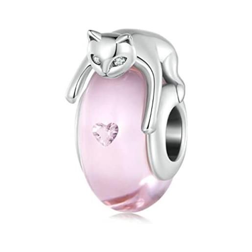 YaShuo Jewellery perlina in vetro di murano in argento sterling per braccialetti pandora, argento sterling cristallo argento sterling, gatto rosa. 
