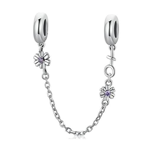 YASHUO Jewellery charm in argento sterling 925 con perline di sicurezza per braccialetti pandora, stile europeo, zirconia cubica, perlina, catena di sicurezza in cristallo viola (ys-c011)