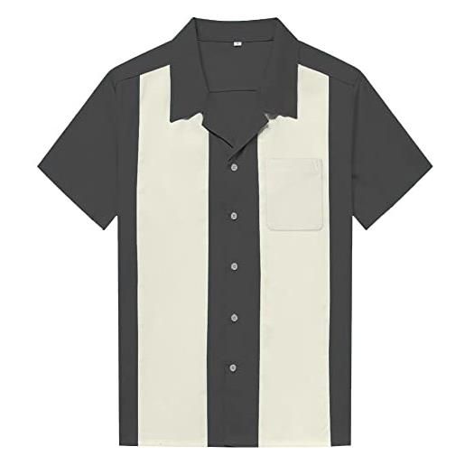 Candow Look men's rockabilly clothing short sleeve fifties bowling casual button-down two-tone shirts(ash gray+mahogany, l)