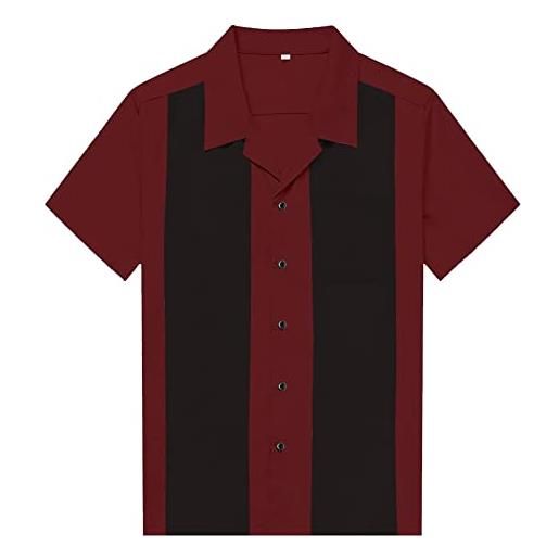 Candow Look men's rockabill clothing short sleeve fifties bowling casual button-down two-tone shirts(red+black, l)