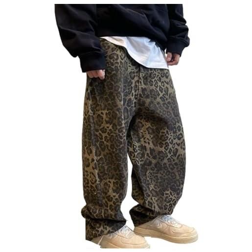 Left Girl jeans leopardati marrone chiaro pantaloni denim da uomo pantaloni larghi oversize maschili streetwear hip hop abiti vintage larghi casual, leopardo, xxl