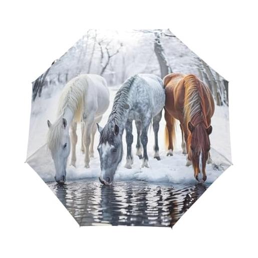 GAIREG ombrello pieghevole con cavalli nella neve e acqua potabile, con apertura e chiusura automatica, compatto e antivento