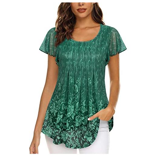 Gaharu camicetta da donna a maniche corte, elegante, pieghevole, con scollo a maglia, a doppio strato, con maniche svasate, fiori - verde, m