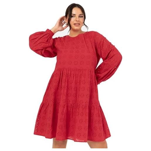 Lovedrobe women's ladies smock dress knee-length round neck long puff sleeve broderie anglaise floral shift cotton casual vestito, colore: rosso, 60 donna