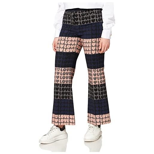 Love Moschino midi flare trousers in allover love pattern pantaloni, rosa e blu marino, 50 donna