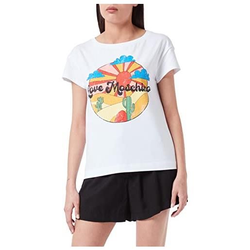 Love Moschino short sleeves boxy fit in stretch cotton jersey with desert t-shirt, bianco, 46 donna