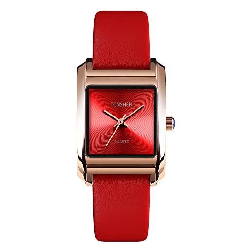 TONSHEN orologi da polso da donna e ragazza analogico quarzo acciaio inossidabile cassa e pelle cinturino orologio (rosso)