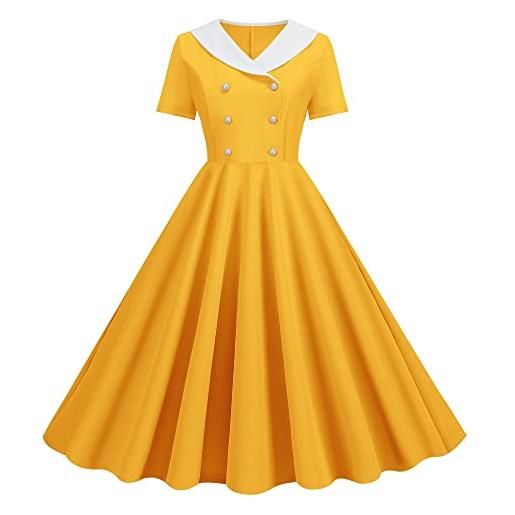 Wellwits abito da donna vintage anni '40 con risvolto scollo a v e tasche a scacchi anni '50, fancy giallo, xl