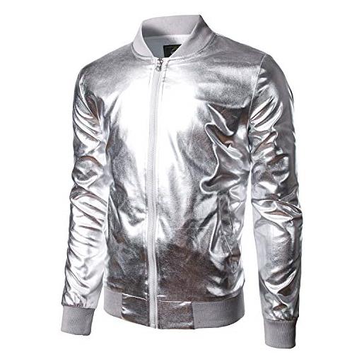JOGAL giacca da uomo metallizzata da discoteca con chiusura lampo argento s