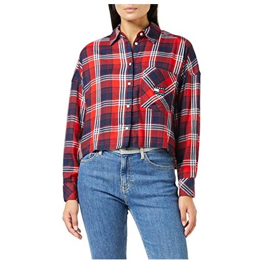 Tommy Jeans tjw check badge cropped shirt dw0dw14439 top in tessuto, blu (twilight navy/multi), xl donna