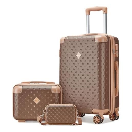 Joyway set di valigie 3 pezzi in abs trolley 4 ruote la valigia contiene 1 astuccio per cosmetici e 1 borsa portatile marrone