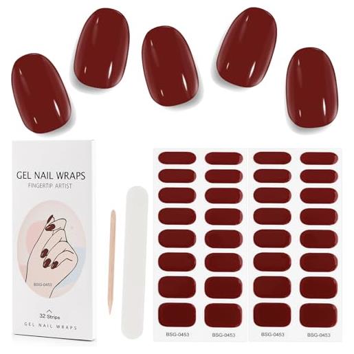Kalolary 32pcs strisce di smalto in gel cure, adesivi per nail art adesivi a fascia completa, adesivi per chiodo uv/led gel impermeabili con file per chiodi e bastoncino (rosso scuro)