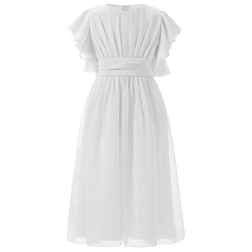 Aibaowedding boho abito lungo in chiffon per bambini con cintura e maniche corte a farfalla/vintage chic linea ad a, abiti da comunione, damigella d'onore, lunghezza al ginocchio in bianco, 12 anni