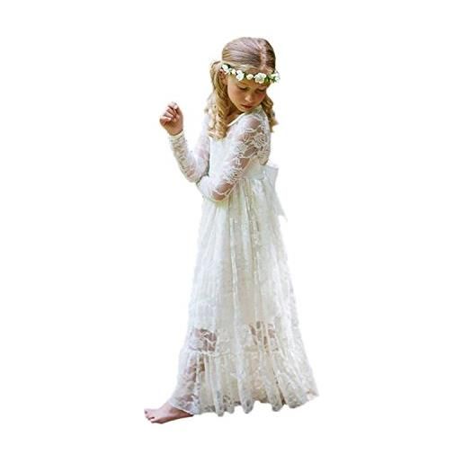 Aibaowedding abito da principessa in pizzo boho, per bambine, con cintura, linea ad a, lungo abito da damigella d'onore, bianco, 4 anni