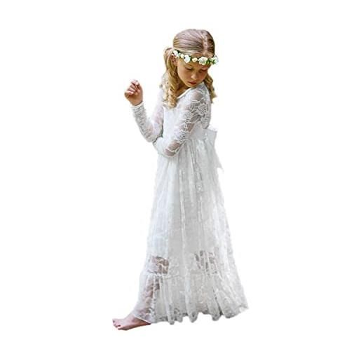 Aibaowedding abito da principessa in pizzo boho, per bambine, con cintura, linea ad a, lungo abito da damigella d'onore, bianco, 4 anni