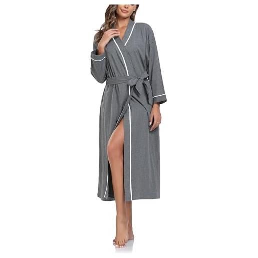 COLORFULLEAF 100% cotone accappatoio donna leggero lungo sauna vestaglia manica lunga kimono con tasche donna pigiameria, grigio scuro, xl