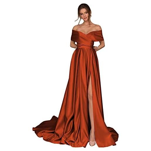 Generico women's off the shoulder prom dresses long satin bridesmaid dresses corsetto high slit formal party evening gown with pockets