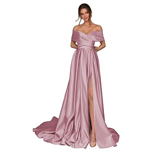 Generico women's off the shoulder prom dresses long satin bridesmaid dresses corsetto high slit formal party evening gown with pockets