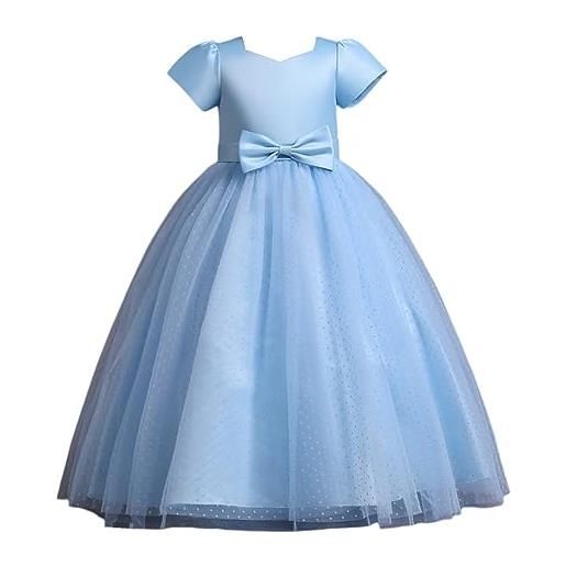 E-girl vestito da ragazza di fiori, abito da principessa, per bambini, a maniche corte, con fiocco, in tulle per feste, 5-14 anni, e5825, azzurro, 6-7 anni